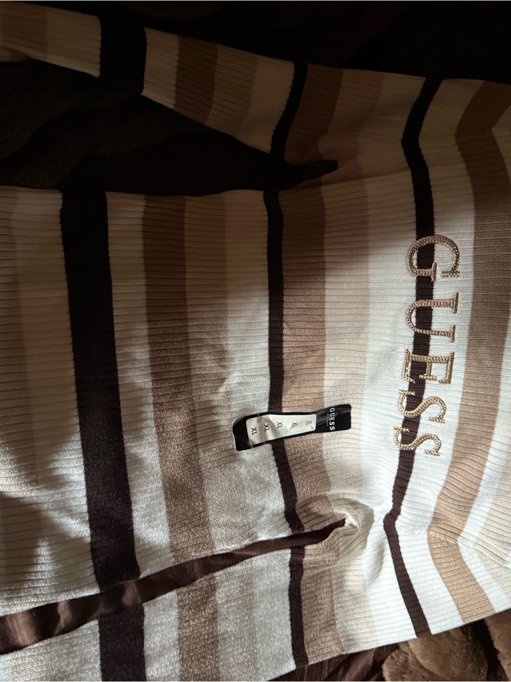GUESS Ribbed Striped Top in Cream and Brown